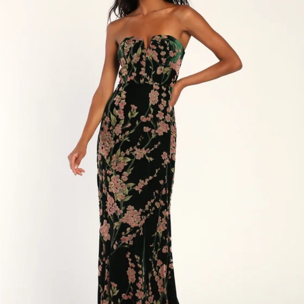 Bloom In Mind Emerald Floral Print Velvet Strapless Maxi Dress